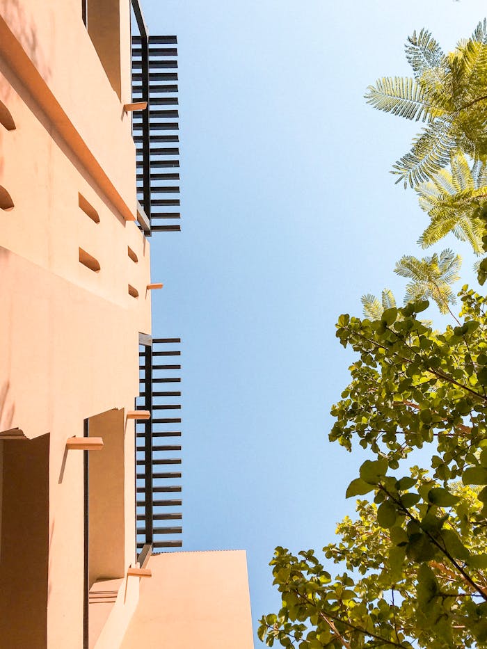 View of a modern building facade against a clear blue sky, surrounded by trees.